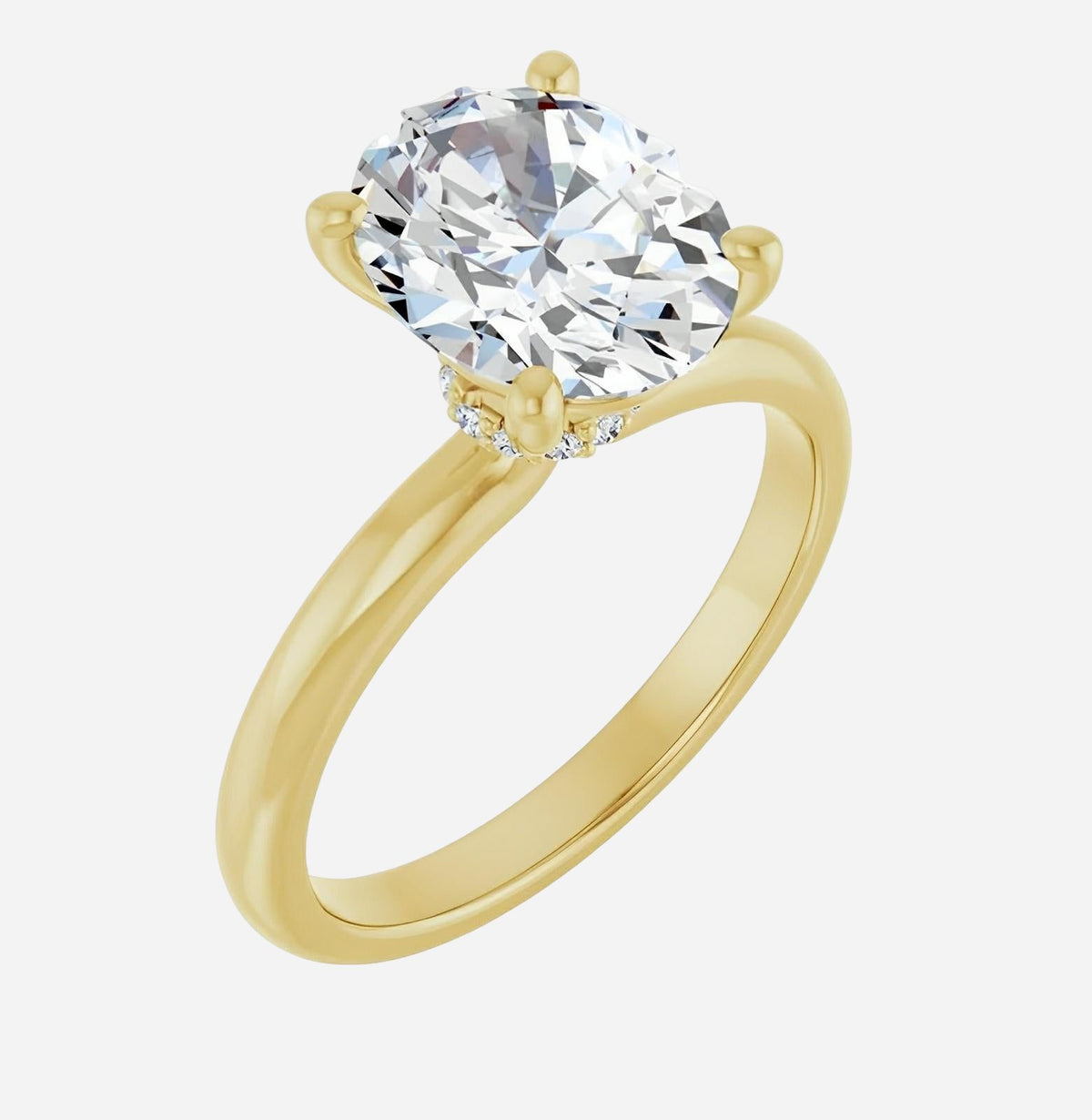 14 karat yellow gold hidden halo mount with 2.50 CT Lab grown diamond