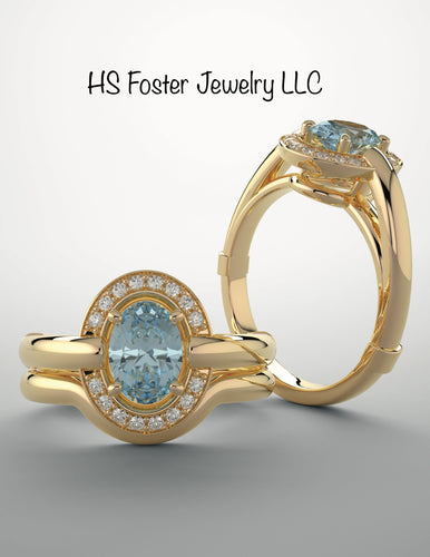 Bridal set, 14kt yellow gold with natural blue zircon & diamonds.