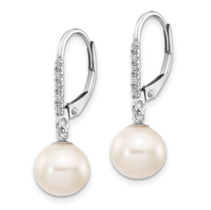14k White Gold 8-9mm Round FWC Pearl.05ct Diamond Leverback Earrings