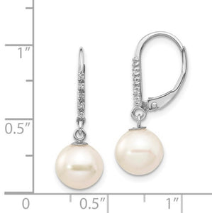 14k White Gold 8-9mm Round FWC Pearl.05ct Diamond Leverback Earrings