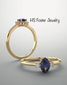 14kt Yellow gold lab grown blue sapphire and natural diamonds