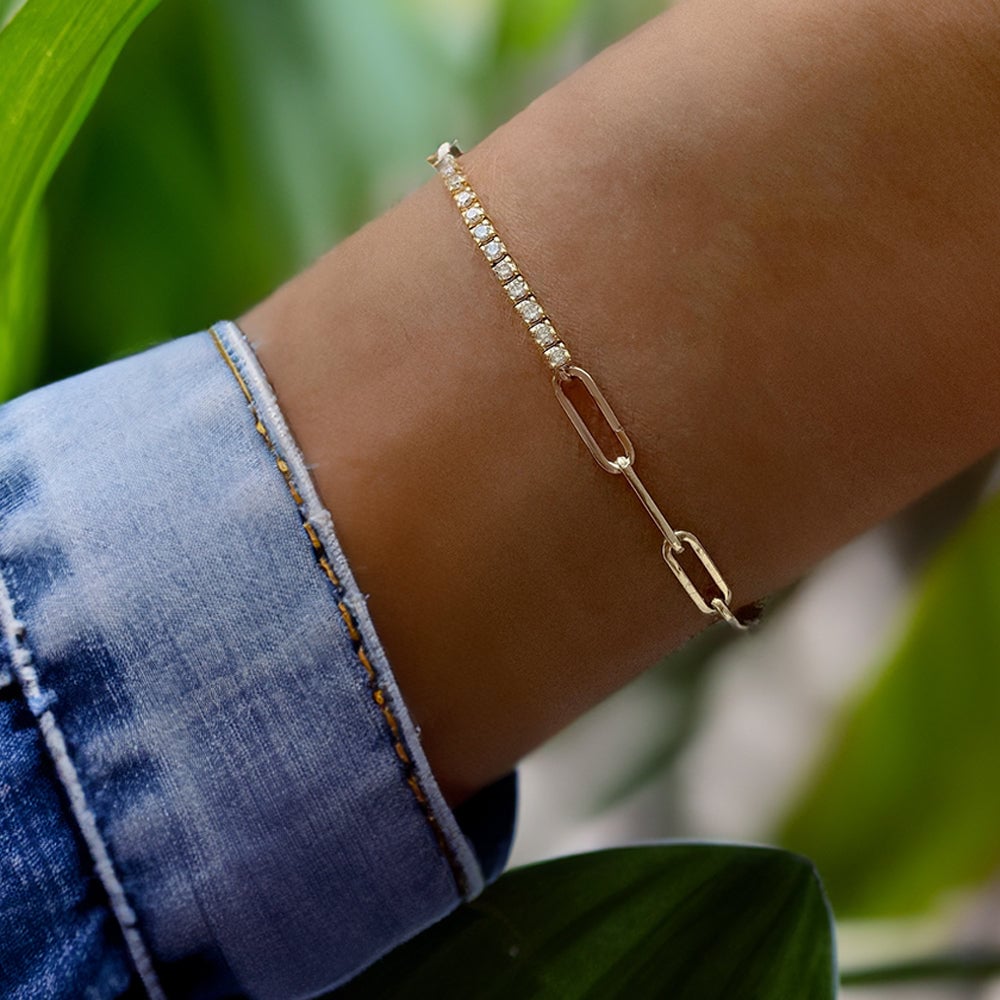 Half Lab Grown Diamond Half Paperclip Tennis Bracelet 14kt Yellow Gold