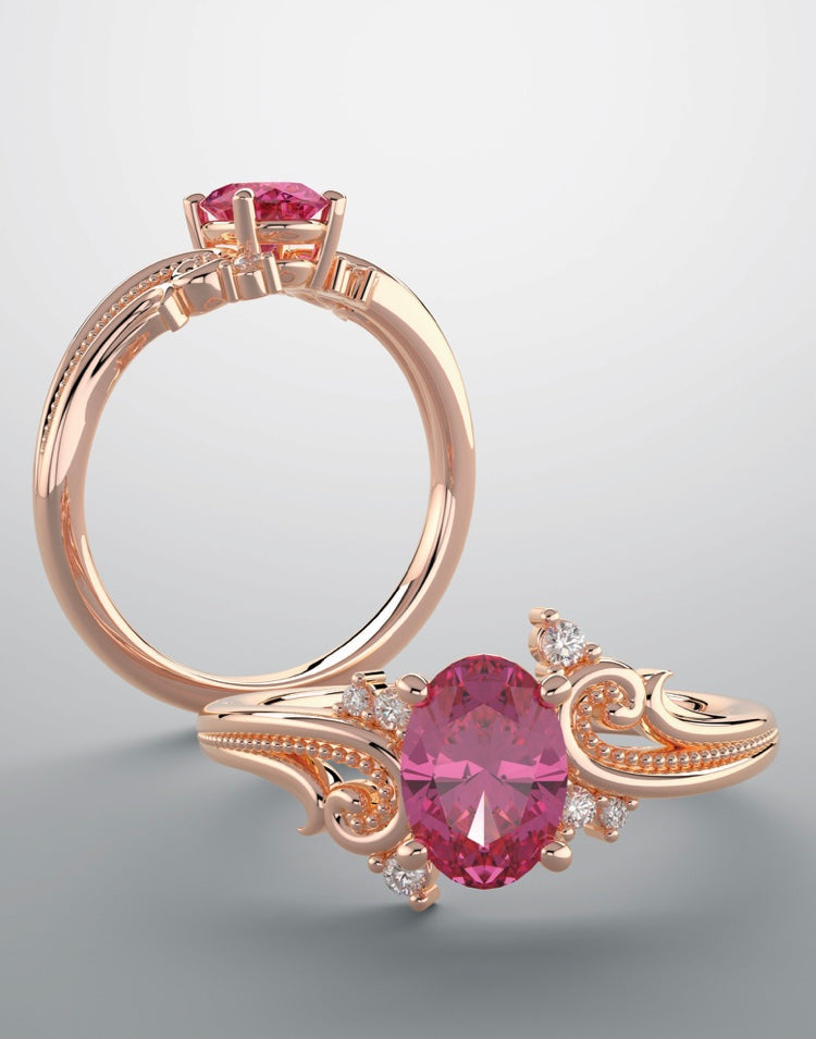 Rose gold ring with Lab grown ruby and diamonds.