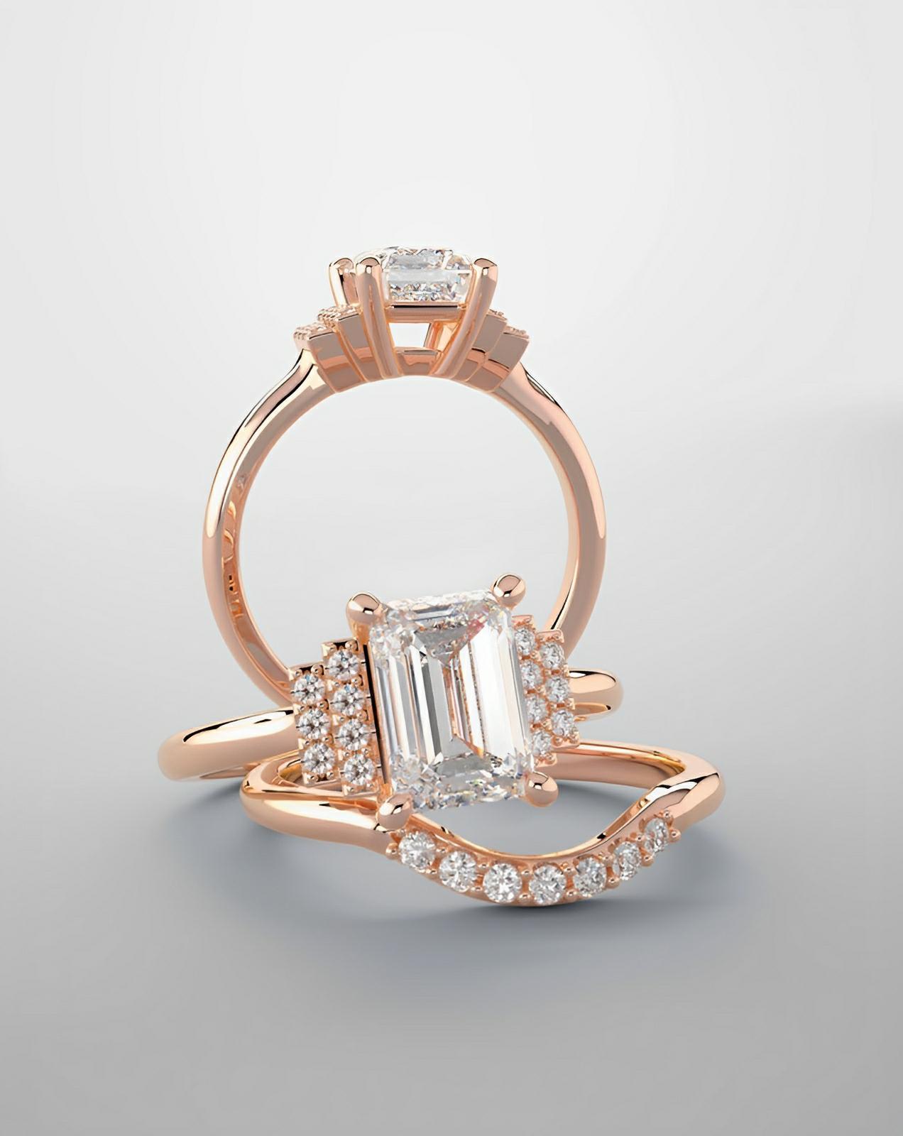 Bridal set, ring in rose gold and natural diamonds