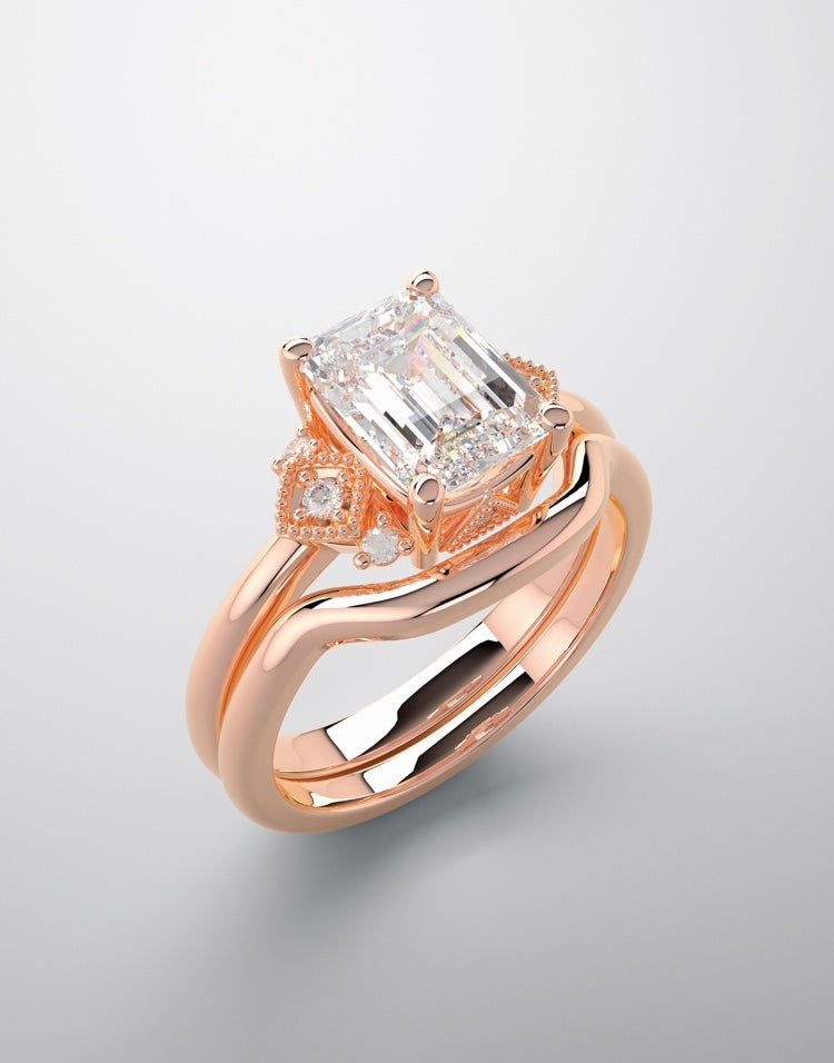 Bridal set engagement ring in rose gold and diamond