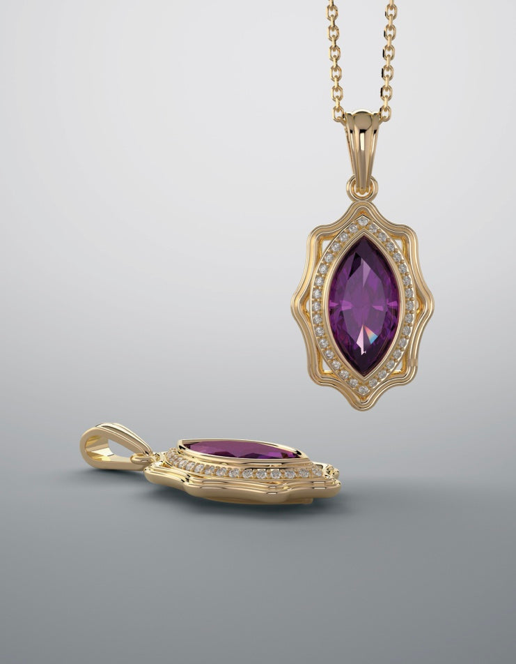 A pendant color gem, amethyst & diamonds birthstone
