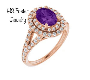 Yellow gold ring featuring Amethyst and Natural Diamonds .