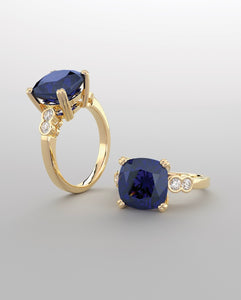 Color gem ring, yellow gold imitation blue sapphire & lab grown diamonds