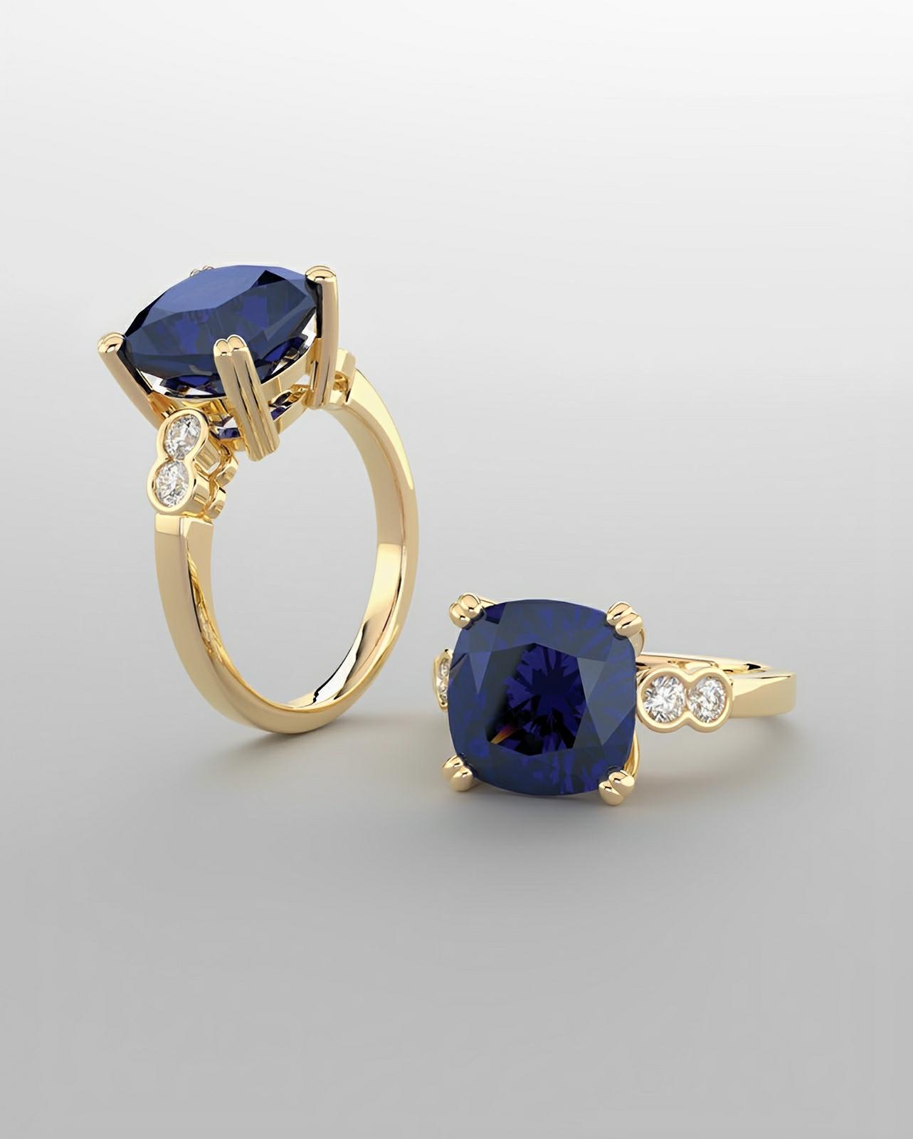 Color gem ring, yellow gold with imitation blue sapphire & lab grown diamonds