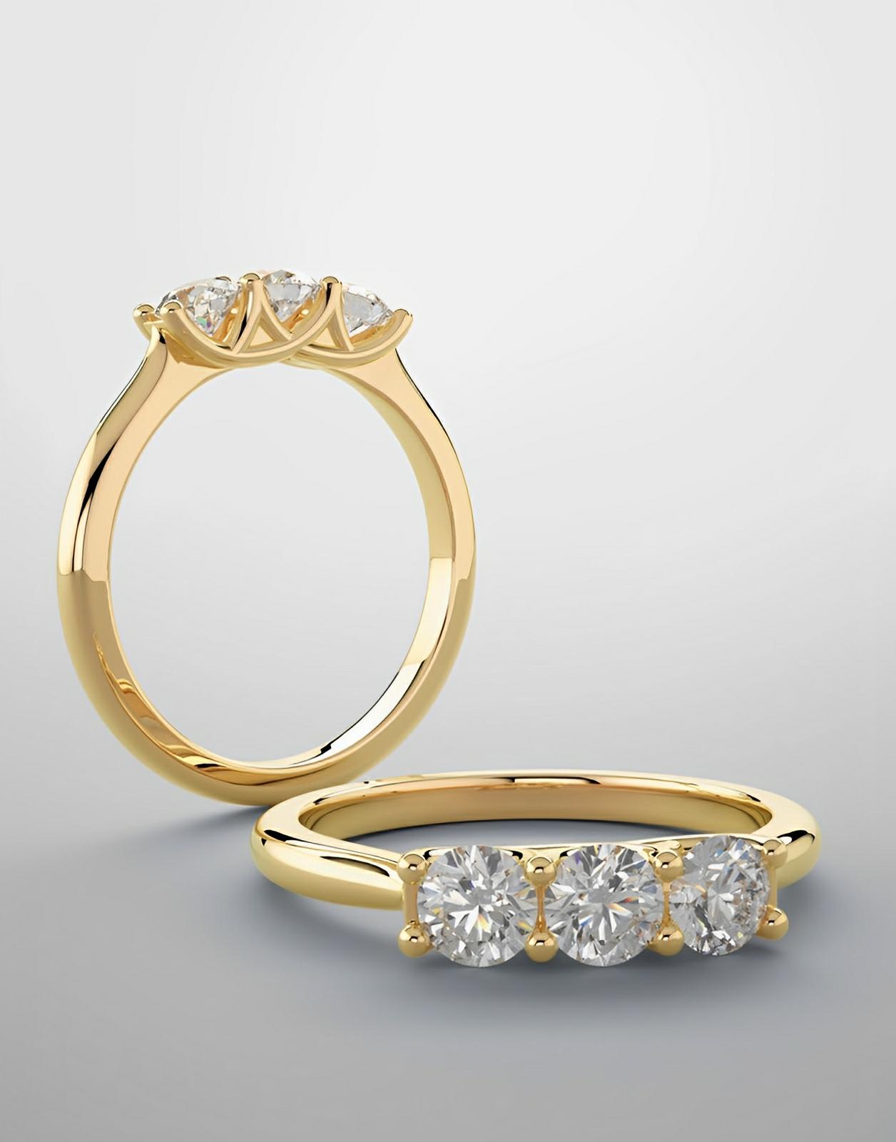Diamond band, 3 stone yellow gold and diamonds