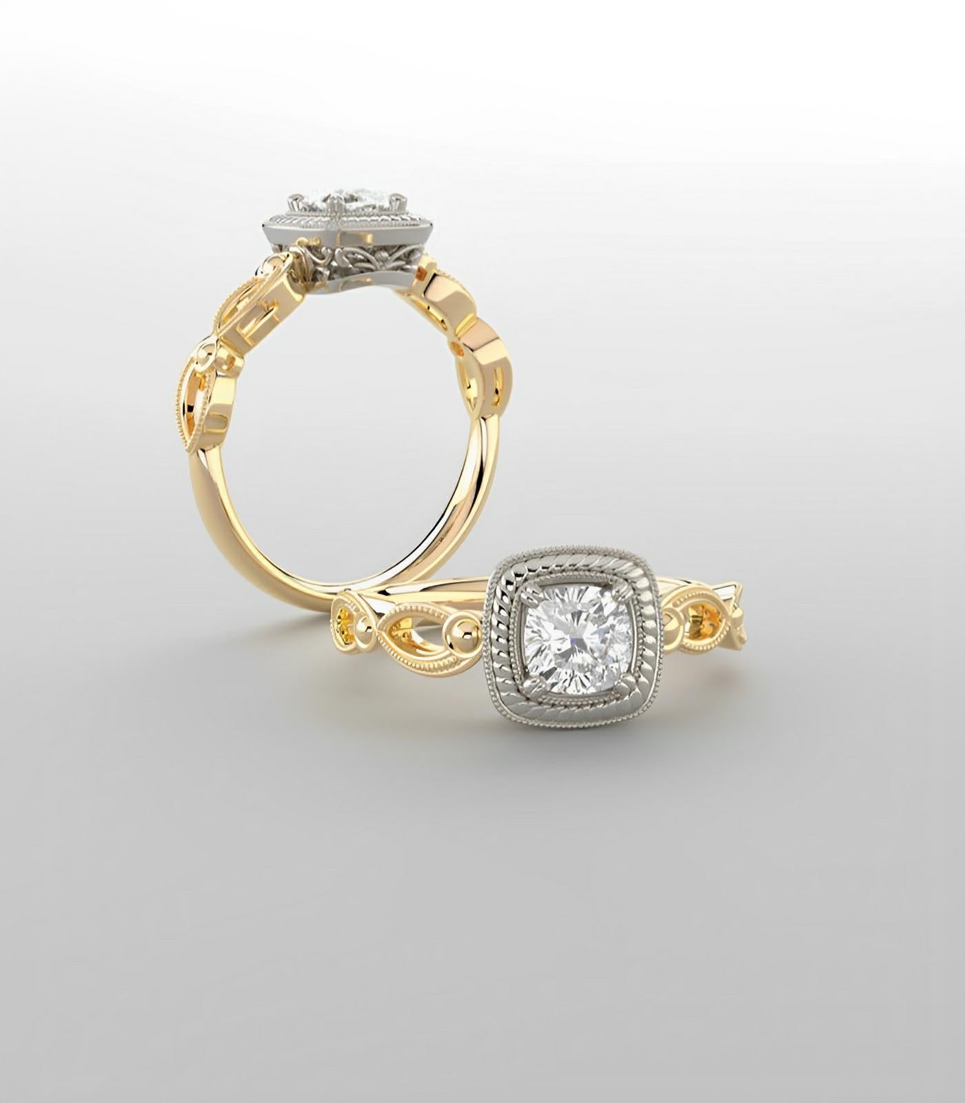 Diamond ring, yellow gold and moissanite fashion engagement ring