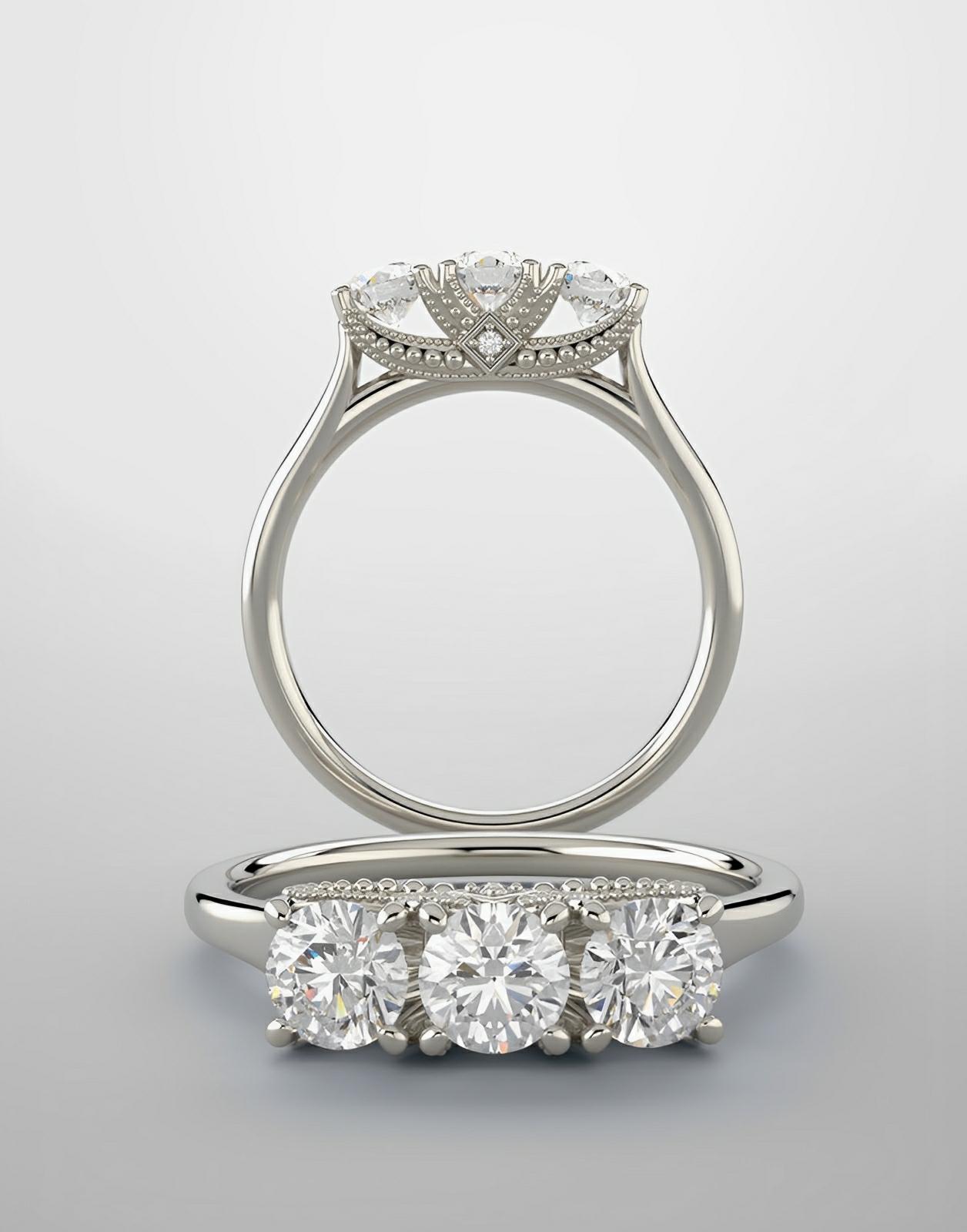 Diamond band, 3 stone ring with white gold and lab diamonds