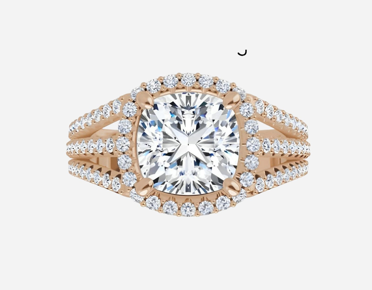 14kt yellow gold Lab grown cushion cut diamond ring.
