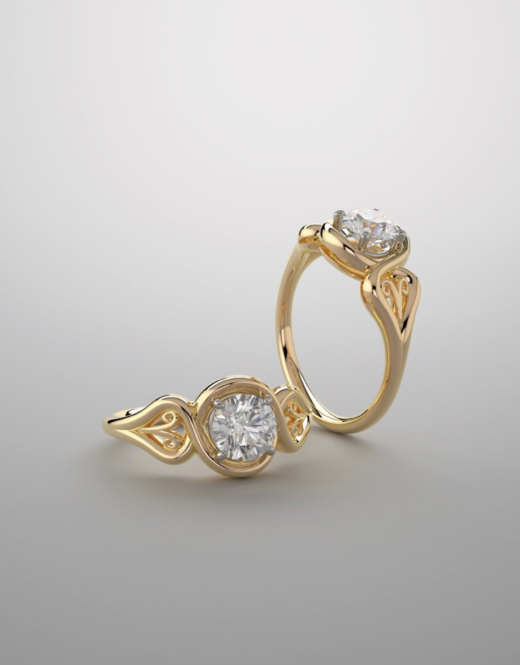 Diamond ring, yellow gold and moissanite fashion engagement ring