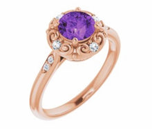 Load image into Gallery viewer, Color gem ring, natural amethyst and 10 natural diamonds SI1-H