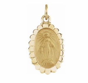 Pendant, 17x11mm miraculous medal, 14kt yellow gold
