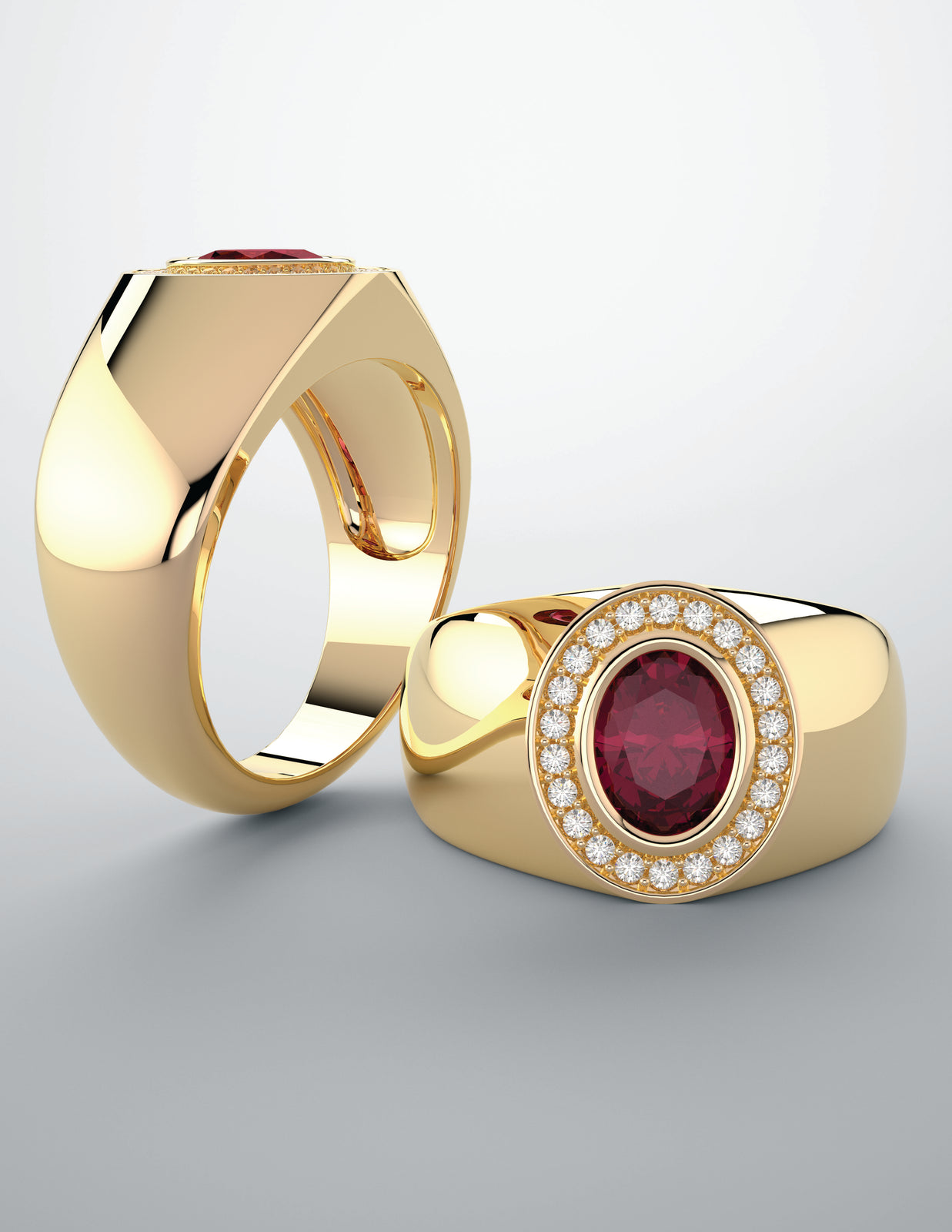 Ruby color gem ring with yellow gold & diamonds