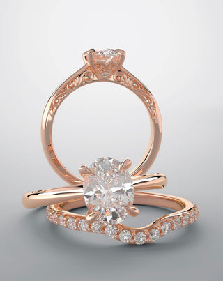 Bridal set, engagement ring, rose gold and oval diamond