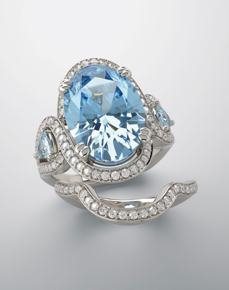 Color gem ring bridal set blue topaz & diamonds