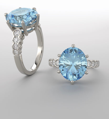 Color gem ring, white gold, sky blue topaz & diamonds