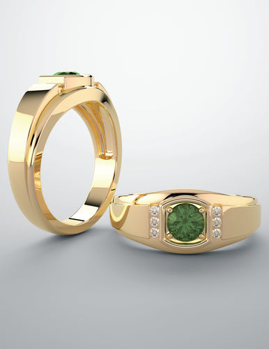 Color gem ring, yellow gold imitation emerald & diamond