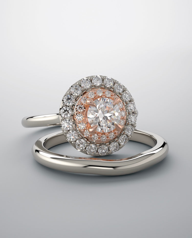 Bridal set, white and rose gold engagement ring with diamonds