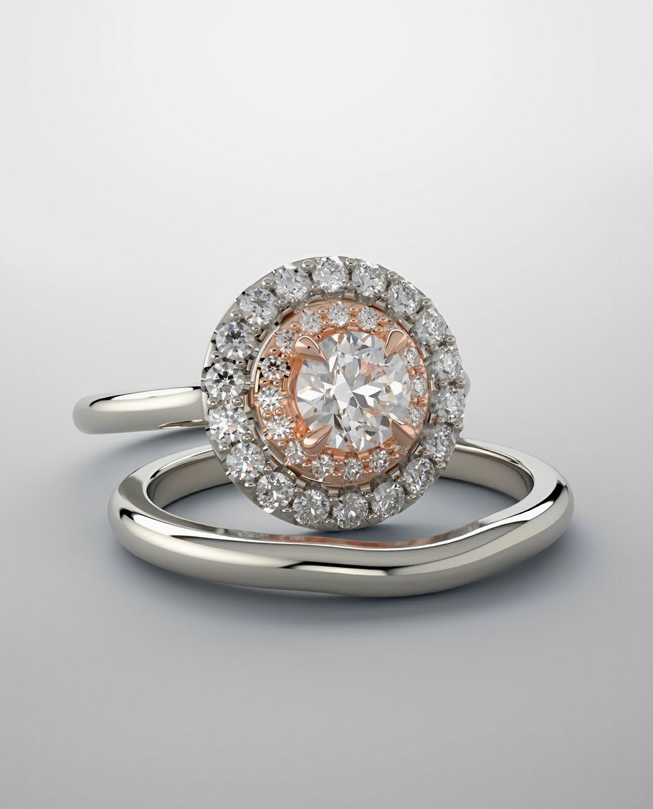 Bridal set, white and rose gold engagement ring with diamonds