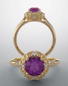 Color gem ring, natural amethyst and 10 natural diamonds SI1-H