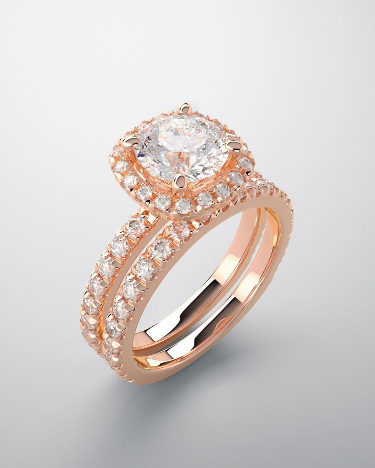 Bridal set, engagement ring in rose gold and lab grown diamonds