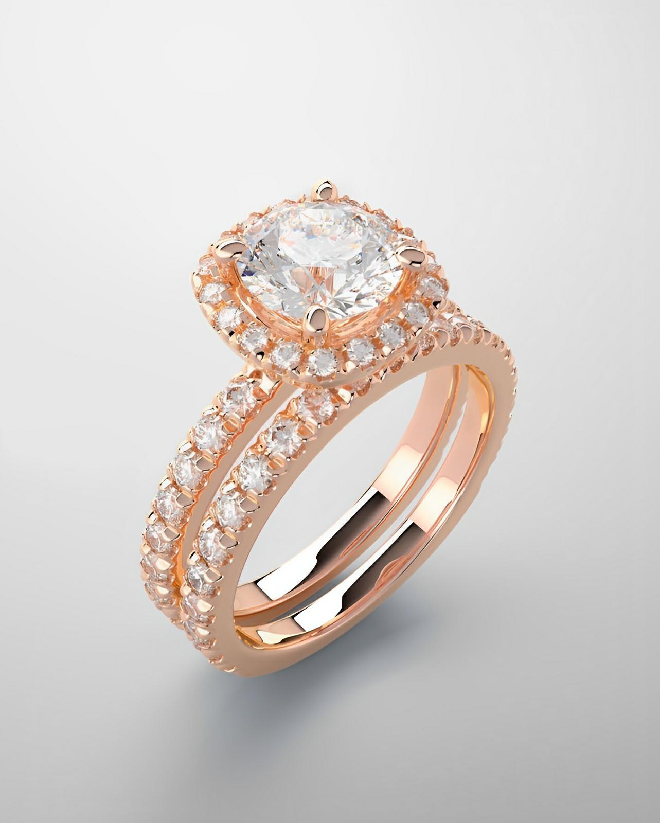 Bridal set, engagement ring in rose gold and lab grown diamonds