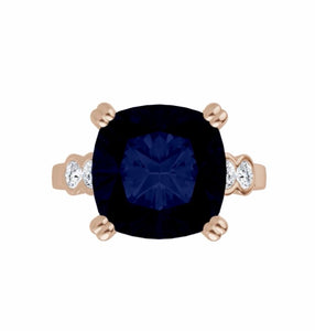 Color gem ring, yellow gold imitation blue sapphire & lab grown diamonds