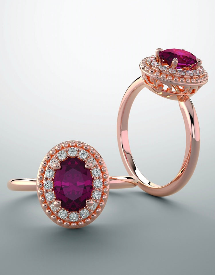 Color gem ring garnet, lab grown diamonds