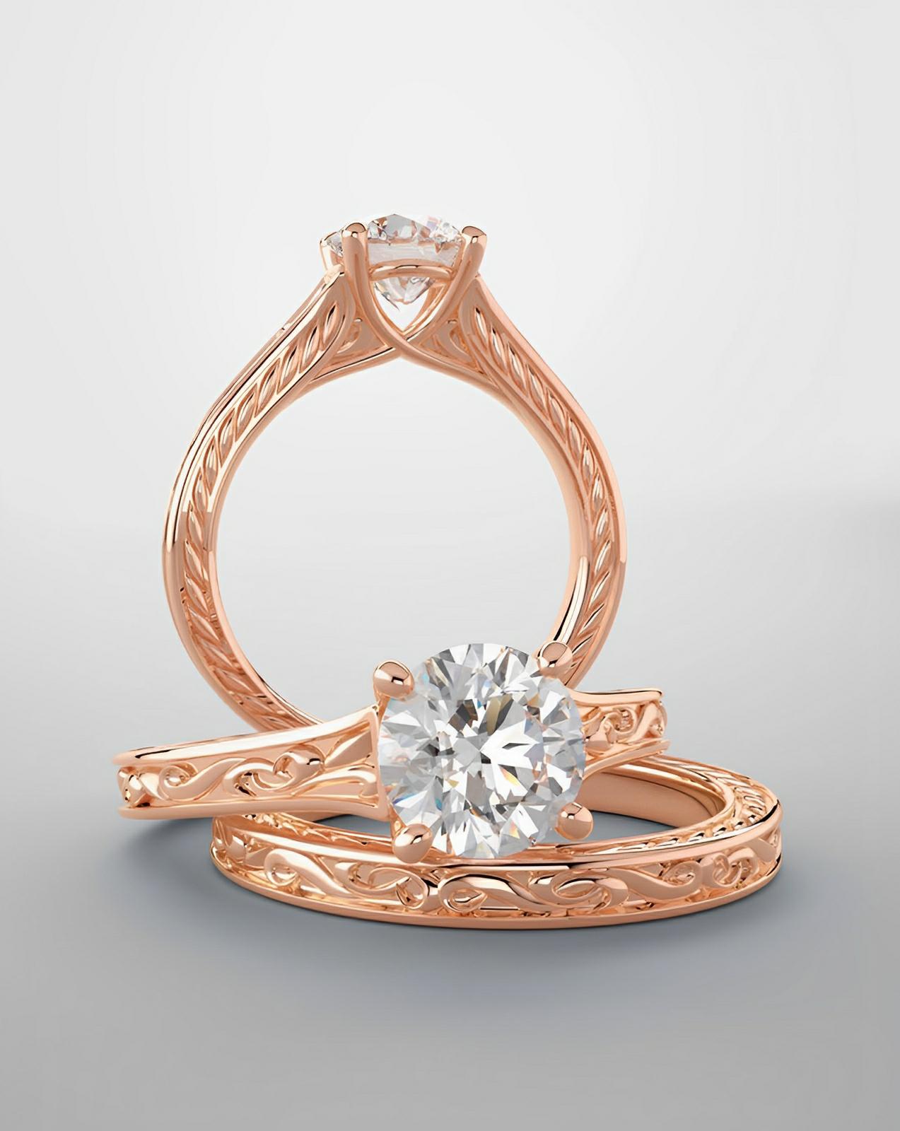 Bridal set, rose gold and diamond engagement ring